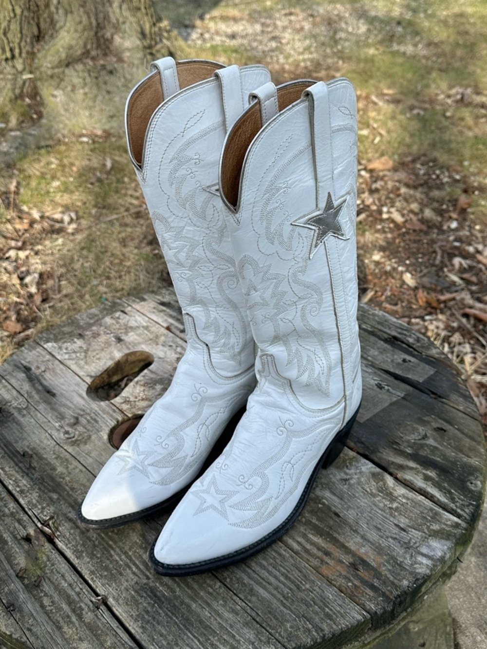Lucchese Dallas Cowboy Cheerleader Boots 9 White Star Embroidered Football - Picture 4 of 13